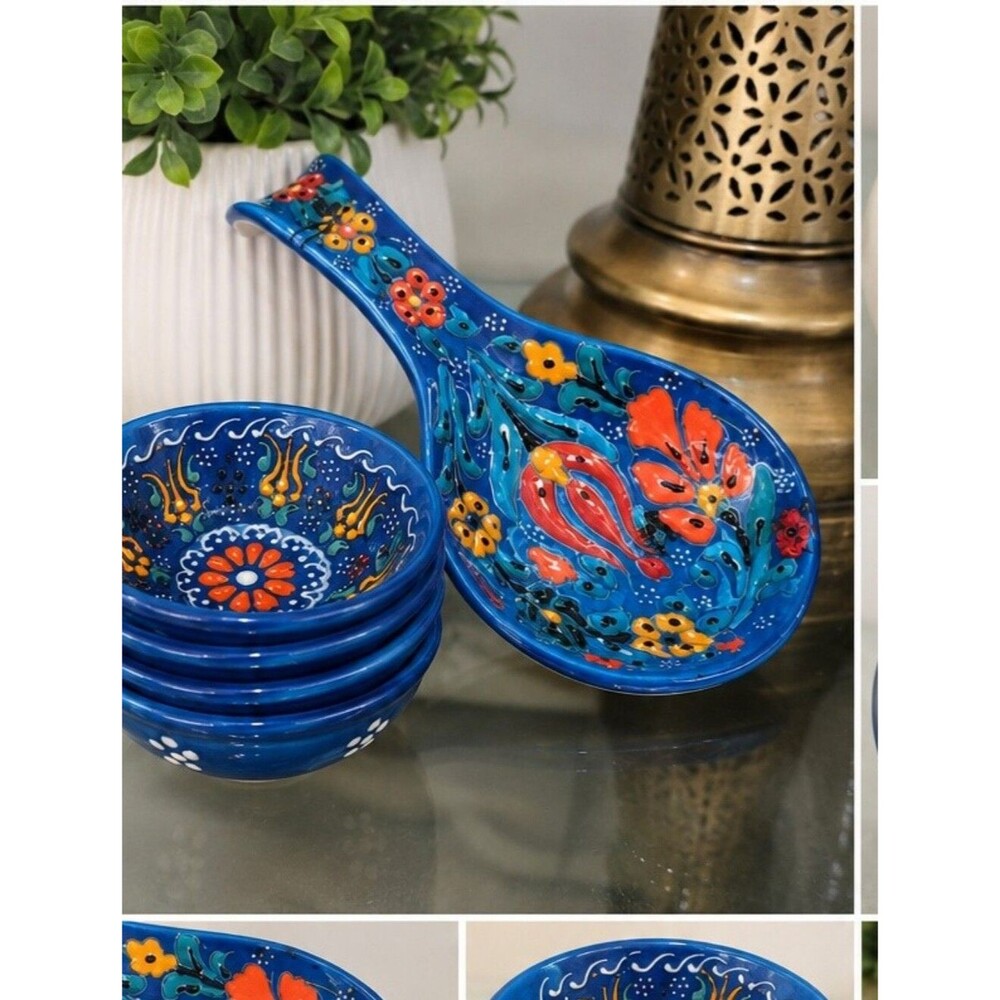 Hand Painted Turkish Pottery Set | Spoon Rest & 4 Bowls | Myth Arts